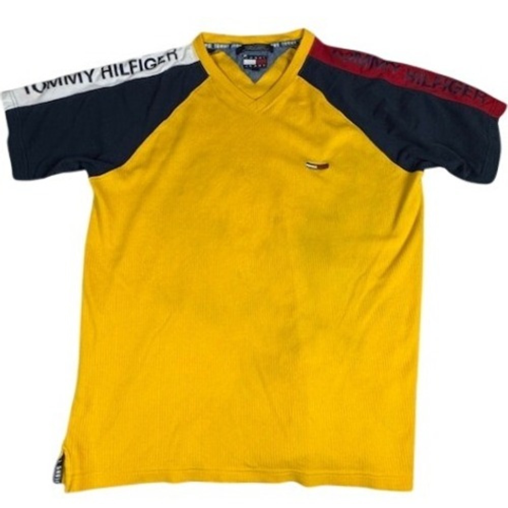 Tommy Jeans Shirt Mens Medium Yellow V-Neck Colorblock Raglan Vintage 90s Ribbed